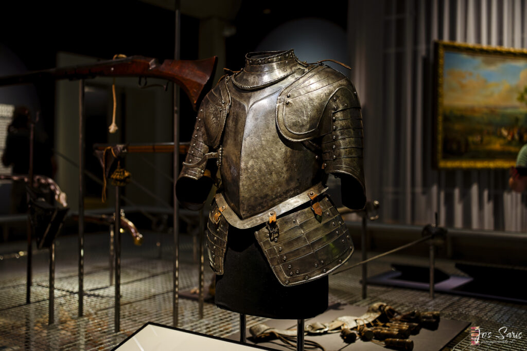 a metal armor on a stand